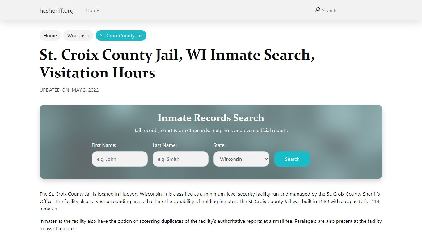 St. Croix County Jail, WI Inmate Search, Visitation Hours